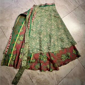 Floral Green Women's Reversible Silk Wrap Around Skirt